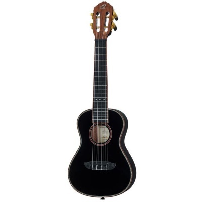 Ukulele preto com braço e cabeça de madeira castanha e cinco cordas