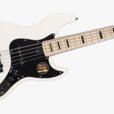 baixo elétrico branco com braço em madeira clara e trastes pretos