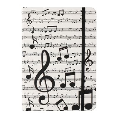 Caderno com capa branca e notas musicais pretas