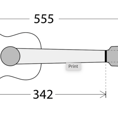 Desenho técnico preto e branco de violão com dimensões e indicação 'Print' no braço