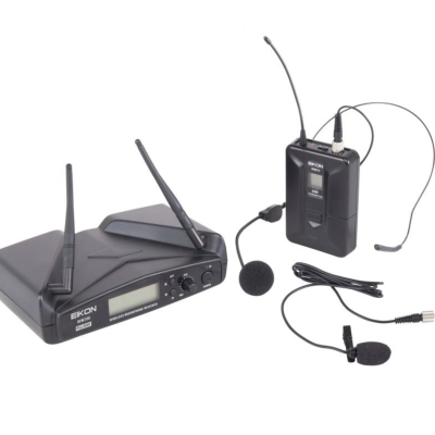 Microfone sem fios EKON com receptor, transmissor e microfones de lapela pretos