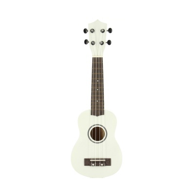 Ukulele branco com braço em madeira escura e quatro cordas