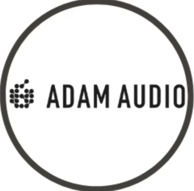 Logótipo circular Adam Audio preto e branco
