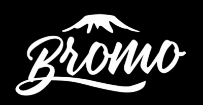 Logótipo branco com texto 'Bromo' e montanha em fundo preto