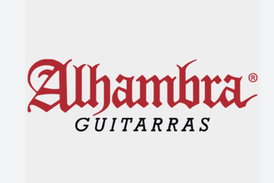 Logótipo Alhambra Guitarras em vermelho e preto