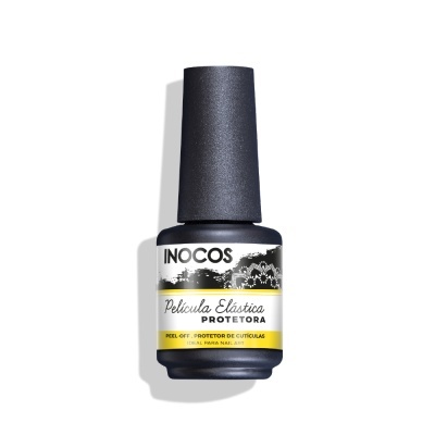 Frasco de verniz de unhas INOCOS com rótulo branco, preto e amarelo