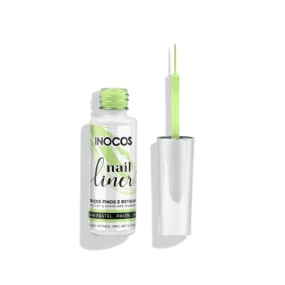 Frasco aberto de verniz para unhas INOCOS nail liner verde pastel com pincel e tampa prateada