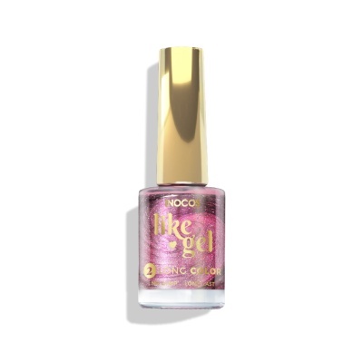 Verniz de unhas rosa metálico com tampa dourada, frasco transparente, texto dourado