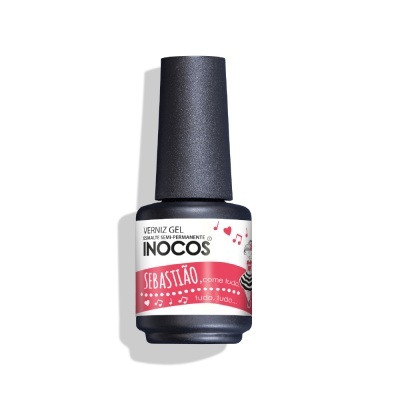 Frasco de verniz gel INOCOS com etiqueta rosa e branca