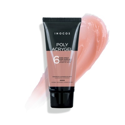 Tubo de Poly Acrylgel Inocos cor rosa nude com embalagem preta e rosa