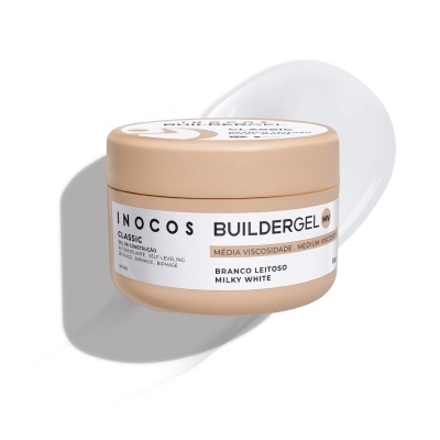 Frasco beige de gel de construção para unhas com rótulo branco e texto em preto e bege