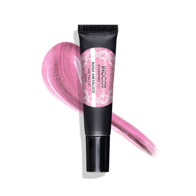 tubo preto de produto cosmético rosa metálico com rótulo rosa floral