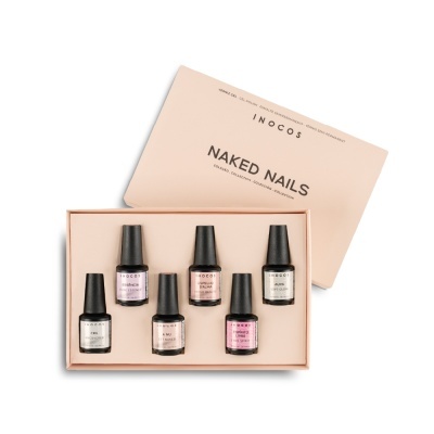 Conjunto de seis vernizes para unhas INOCOS NAKED NAILS em caixa cor de rosa claro