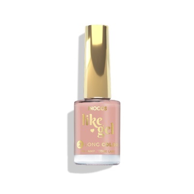 Frasco de verniz de unhas rosa nude com tampa dourada e texto dourado no rótulo.