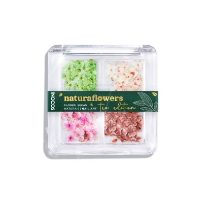 Conjunto de flores secas naturais para nail art com embalagem transparente e etiqueta verde.