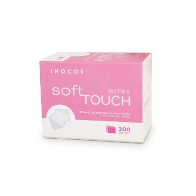 Caixa rosa e branca de toalhetes anti-fiapos para unhas INOCOS soft TOUCH wipes