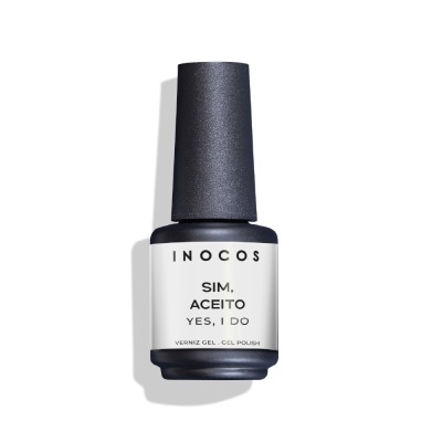 Frasco de verniz gel INOCOS com rótulo branco e tampa preta