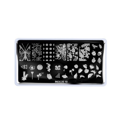 Placa preta de carimbos para unhas com desenhos brancos variados e texto INOCOS 10