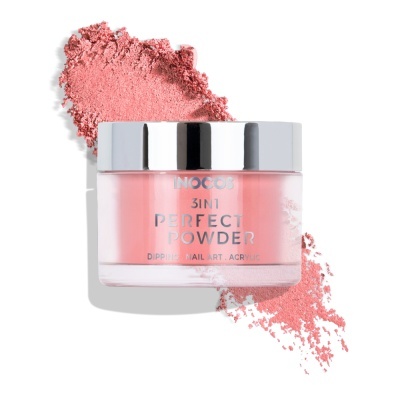 Pote de pó rosa para unhas INOCOS com tampa prateada e pó espalhado