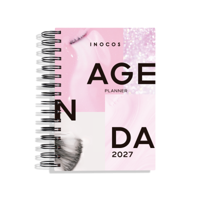 Capa de agenda 2027 rosa com espiral preta e texto INOCOS AGENDA PLANNER