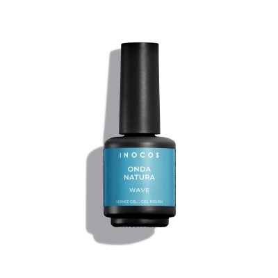 Frasco preto de verniz gel com rótulo azul claro