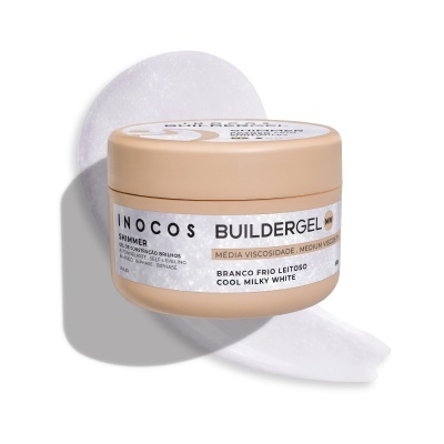 Embalagem cremosa bege de gel de construção para unhas com rótulo branco e texto preto e dourado