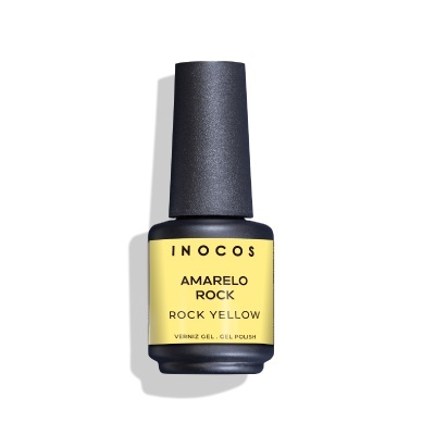 Frasco de verniz gel preto com rótulo amarelo