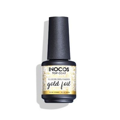 Frasco de verniz de unhas INOCOS Top Coat gold foil preto com tampa preta