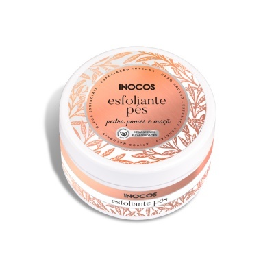 Frasco de esfoliante pés INOCOS pedra pomes e maçã com rótulo decorativo cor de pêssego e branco