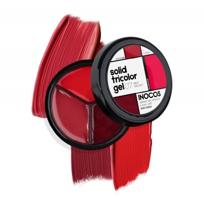 Palete de gel tricolor vermelho para unhas com tampa preta e texto de identificação