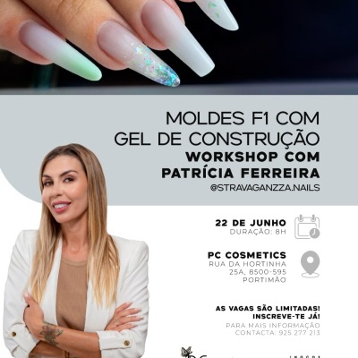Unhas com gel em branco, transparente e verde com brilho e mulher em blazer branco, texto promocional workshop PC Cosmetics Portimão
