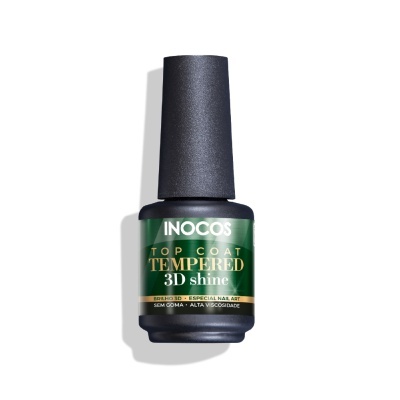 Frasco de verniz gel Inocos Top Coat Tempered 3D Shine com rótulo verde e tampa preta