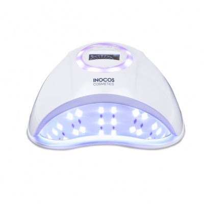 Dispositivo UV LED branco para cura de unhas com visor digital e luzes LED azuis, da INOCOS COSMETICS.