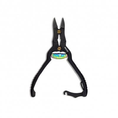 Alicate preto com lâminas de corte e mola colorida
