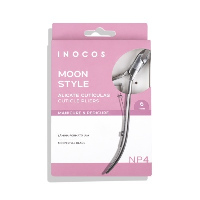 Alicates para cutículas Inocos Moon Style em embalagem rosa e branco com texto