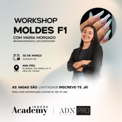Workshop moldes F1 com Maria Morgado, fotografia de mulher com unhas decoradas e informações do evento