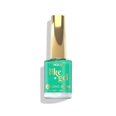 Frasco de verniz para unhas INOCOS like gel verde com tampa dourada.
