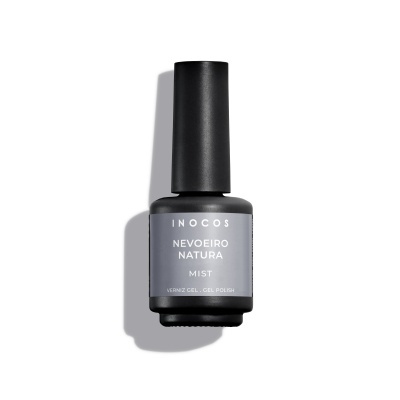 Frasco preto para esmalte em gel com rótulo cinza e texto branco