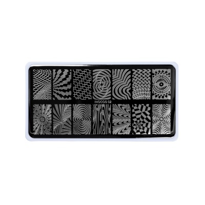 Placa de metal preta com 12 padrões brancos e texto IMPRESSÕES e INCOCOS 62