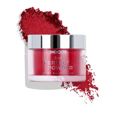 Pó para unhas vermelho INOCOS 3IN1 PERFECT POWDER em frasco com tampa prateada