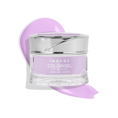 Frasco de gel colorido lilás para unhas da marca INOCOS COLORGEL