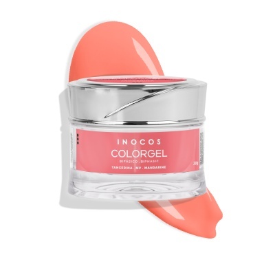 Pote transparente com gel colorido rosa, rótulo INOCOS COLORGEL TANGERINA MV, MANDARINE