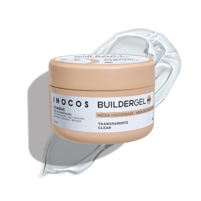 Frasco beige de gel para unhas com rótulo branco e texto em português, sobre fundo branco com textura cinzenta