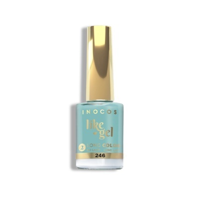 Verniz de unhas azul claro com tampa dourada e texto.