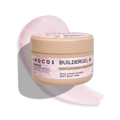 Frasco rosa suave leitosa Inocos Buildergel MV com tampa bege e textura brilhante