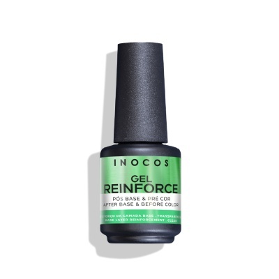 Frasco de verniz gel Inocos Gel Reinforce verde e preto