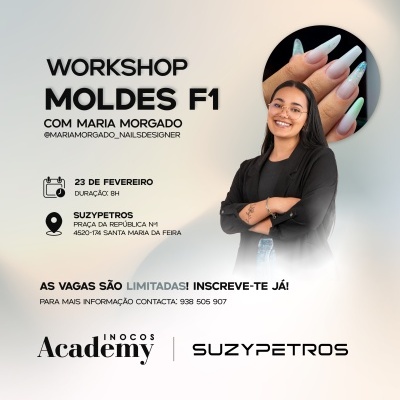 Promoção workshop moldes F1 com imagem de unhas decoradas em tons claros e foto de Maria Morgado