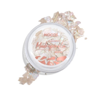 Brilho decorativo para unhas em frasco transparente com fragmentos iridescentes cor de pérola