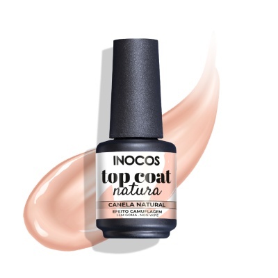 Frasco de verniz de unhas INOCOS top coat natura Canela Natural sobre fundo branco