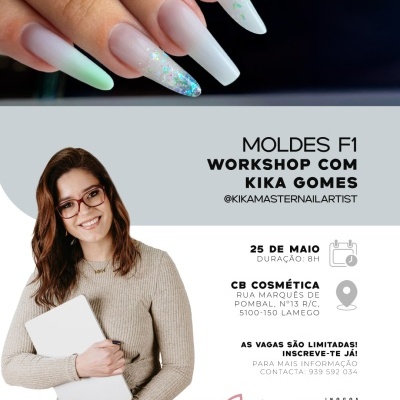 Unhas artificiais com efeito branco translúcido, glitter holográfico e verde, anúncio de workshop com Kika Gomes